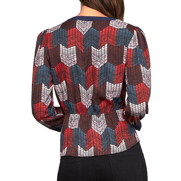 New BCBGMaxAzria Medium Silky Wrap Peplum Blouse Top Geo Chevron Print Red Teal - Picture 5 of 12